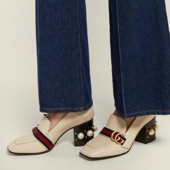Gucci Peyton Pearl Loafer in White EU 37 US 7 GG Logo Web Stripe Block Low Heel - Picture 12 of 13